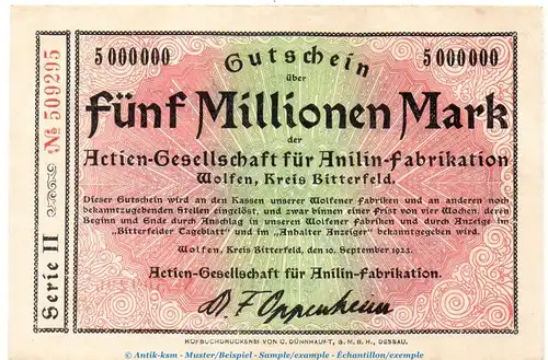 Notgeld Anilin Fabrikation Wolfen , 5 Millionen Mark in kfr. Keller 5697.e von 1923 , Sachsen Anhalt Inflation