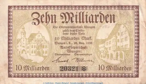 Notgeld Amtskörperschaft Wangen , 10 Milliarden Mark Schein in gbr. Keller 5456 von 1923 , Württemberg Inflation