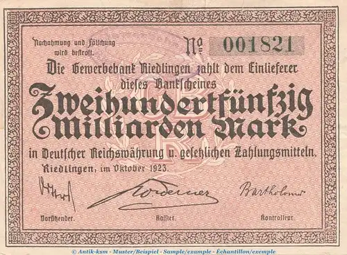 Notgeld Gewerbebank Riedlingen , 250 Milliarden Mark Schein in gbr. Keller 4573.e von 1923 , Württemberg Inflation