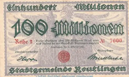 Notgeld Stadt Reutlingen , 100 Millionen Mark Schein in gbr. Keller 4545.c von 1923 , Württemberg Inflation