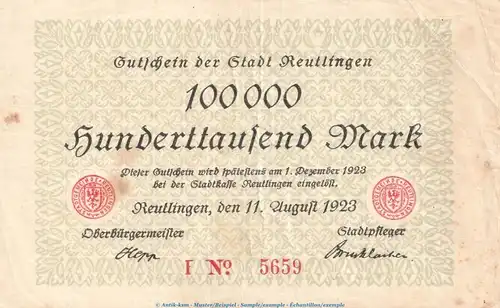 Notgeld Stadt Reutlingen , 100.000 Mark Schein in gbr. Keller 4545.a von 1923 , Württemberg Inflation