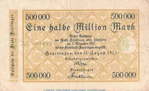 Notgeld Stadt Reutlingen , 0,5 Million Mark Schein in gbr. Keller 4545.a von 1923 , Württemberg Inflation