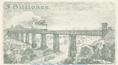 Notgeld Reichsbahn Stuttgart , 5 Billionen Mark Schein in kfr. Keller 4926.L von 1923 , Württemberg Inflation