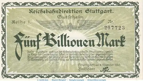 Notgeld Reichsbahn Stuttgart , 5 Billionen Mark Schein in kfr. Keller 4926.L von 1923 , Württemberg Inflation