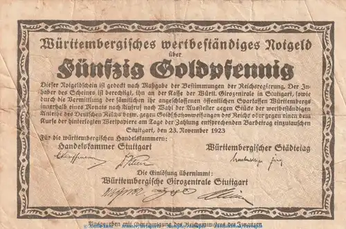 Notgeld Handelskammer Stuttgart , 50 Gold Pfennig Schein in gbr. Müller 4840.2 von 1923 , Württemberg wertbeständiges Notgeld