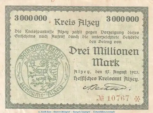 Banknote Kreis Alzey , 3 Millionen Mark Schein in gbr. Keller 87.f , 27.08.1923 , Hessen Großnotgeld Inflation