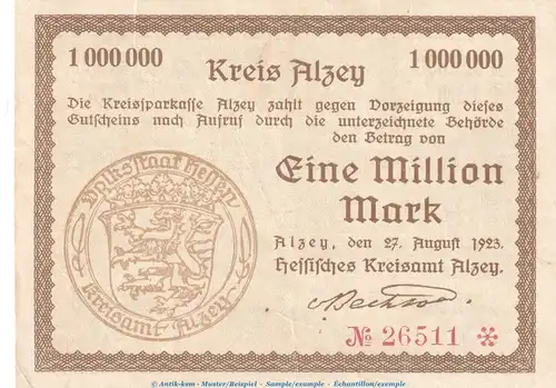 Banknote Kreis Alzey , 1 Million Mark Schein in gbr. Keller 87.f , 27.08.1923 , Hessen Großnotgeld Inflation