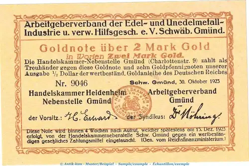 Banknote Metallindustrie Schwäbisch Gmünd , 2 Goldmark Schein in kfr. Müller 4405.17 von 1923 , Württemberg Wertbeständiges Notgeld