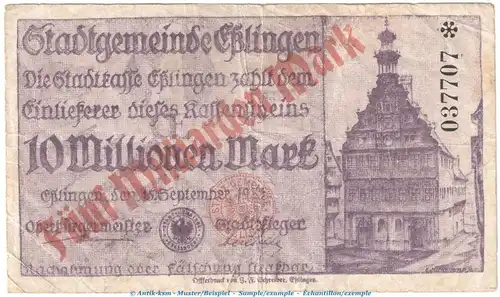 Notgeld Stadt Esslingen , 5 Milliarden Mark Schein in gbr. Keller 1441.d o.D. Württemberg Inflation