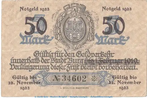 Notgeld Stadt Burg , 50 Mark -Überdruck- in gbr. Müller 720.1 von 1922 , Sachsen Anhalt Inflation