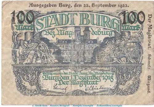 Notgeld Stadt Burg , 100 Mark -Überdruck- in gbr. Müller 720.2 von 1922 , Sachsen Anhalt Inflation
