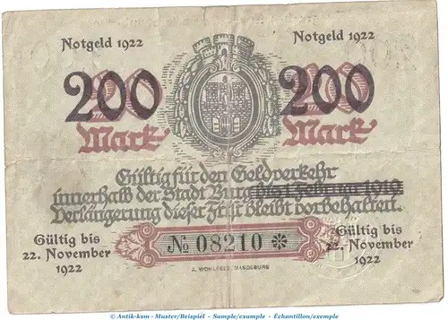Notgeld Stadt Burg , 200 Mark -Überdruck- in gbr. Müller 720.3 von 1922 , Sachsen Anhalt Inflation