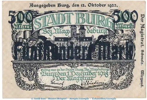 Notgeld Stadt Burg , 500 Mark -Überdruck- in gbr. Müller 720.4.a von 1922 , Sachsen Anhalt Inflation