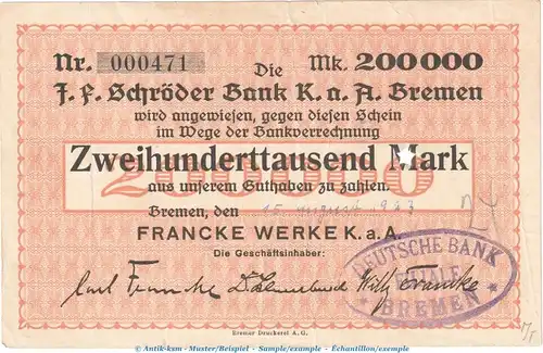 Notgeld Franke Werke Bremen , 200.000 Mark Schein in gbr.E , Keller 585.c von 1923 , Niedersachsen Inflatio