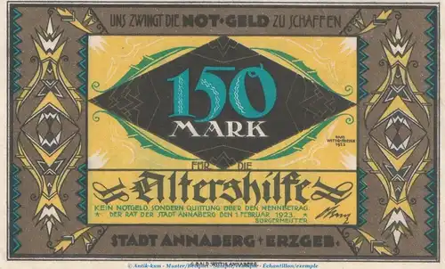 Notgeld , Quittung der Altershilfe Annaberg , 150 Mark Schein in kfr. von 1923 , Sachsen Großnotgeld