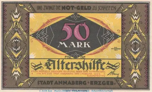 Notgeld , Quittung der Altershilfe Annaberg , 50 Mark Schein in kfr. von 1923 , Sachsen Großnotgeld