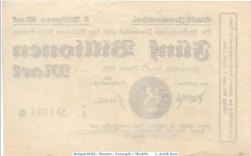 Banknote Frankenthal , 5 Billionen Mark Schein in f-kfr. Keller 1520.L , 10.10.1923 , Pfalz Großnotgeld Inflation