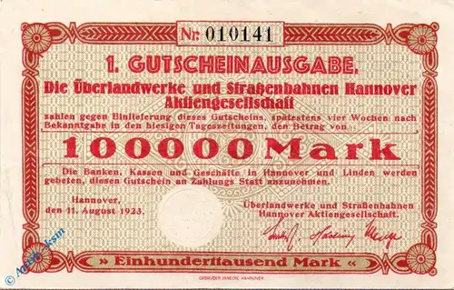 Notgeld Hannover , Überlandwerke , 100.000 Mark Schein , Keller 2168.b , 11.08.1923 , Niedersachsen Großnotgeld