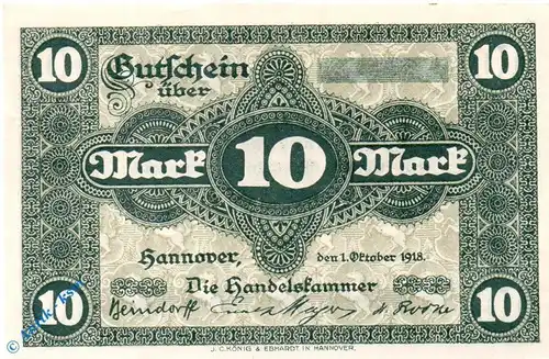 Notgeld Hannover , Handelskammer , 10 Mark Musterschein ohne Kennummer , Geiger 216.02.M , vom 01.10.1918 , Niedersachsen Großnotgeld