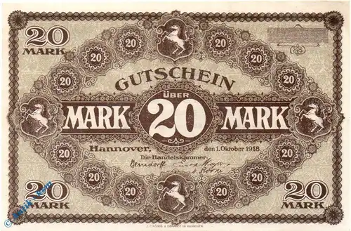 Notgeld Hannover , Handelskammer , 20 Mark Musterschein nicht entwertet , Geiger 216.03.M , vom 01.10.1918 , Niedersachsen Großnotgeld 