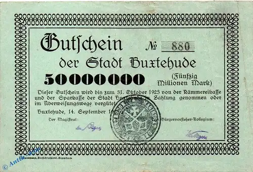 Notgeld Buxtehude , 50 Millionen Mark Schein in gbr. Keller 704.c , 14.09.1923 , Niedersachsen Großnotgeld