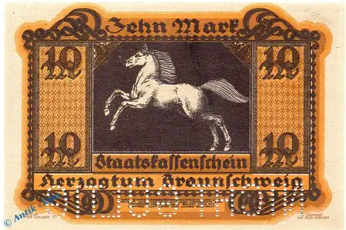 Banknote Braunschweig , 10 Mark Schein in kfr. E , Geiger 059.04.b , 15.10.1918 , Niedersachsen Großnotgeld