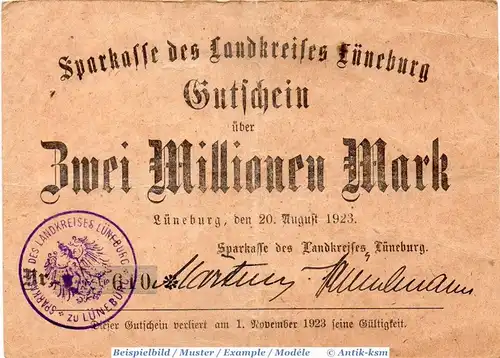 Banknote Lüneburg , Sparkasse , 2 Million Mark Schein in gbr. Keller 3366.b , 20.08.1923 , Niedersachsen Großnotgeld Inflation