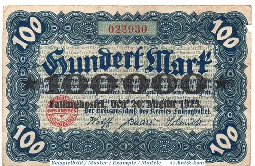 Banknote Fallingbostel , Überdruck 100.000 Mark Schein in gbr. Keller 1475.a , 10.10.1922 , Niedersachsen Großnotgeld Inflation