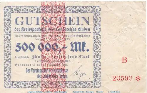 Banknote Kreissparkasse Hannover-Linden , 500.000 Mark gbr. Keller 2188.b , 10.08.1923 , Niedersachsen Großnotgeld Inflation