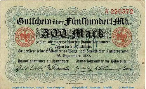 Banknote Handelskammer Hannover-Hildesheim , 500 Mark gbr. Müller 2015.2.a , 26.09.1922 , Niedersachsen Großnotgeld