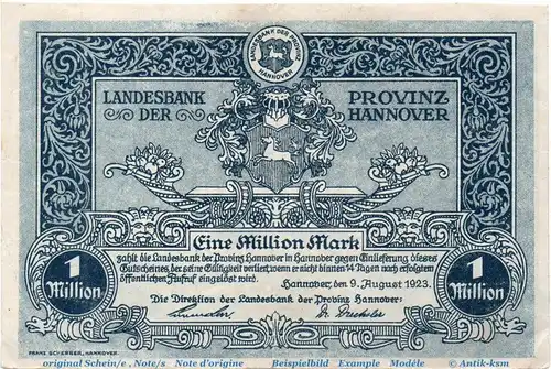 Banknote Landesbank Hannover , 1 Million Mark Schein in gbr. Keller 2162.d , 09.08.1923 , Niedersachsen Großnotgeld Inflation