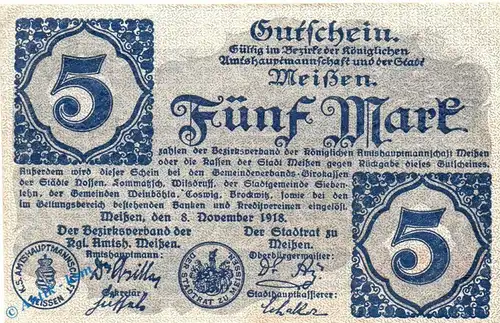 Banknote Meissen , 5 Mark Schein in kfr. Geiger 356.01.b , 08.11.1918 , Sachsen Großnotgeld