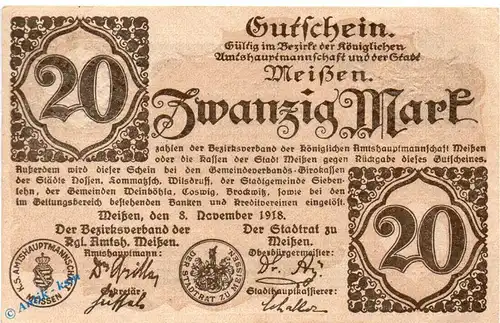 Banknote Meissen , 20 Mark Schein in kfr. Geiger 356.03 , 08.11.1918 , Sachsen Großnotgeld