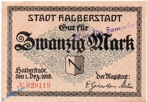 Banknote Halberstadt , 20 Mark Schein in in kfr. E , Geiger 209.03 , 01.12.1918 , Sachsen Großnotgeld