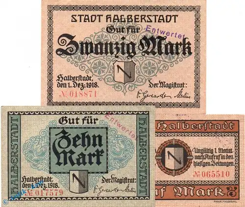 Banknoten Halberstadt , 5, 10 und 20 Mark in in kfr. E , Geiger 209.01 bis 3 , 01.12.1918 , Sachsen Großnotgeld