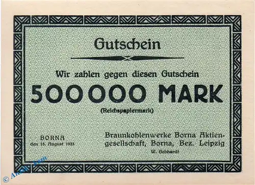 Banknote Borna , Braunkohlenwerke , 500.000 Mark Schein in kfr. Var. Spitzen , Müller 538.c , 15.08.1923 , Sachsen Großnotgeld Inflation