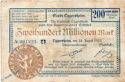 Banknote Oggersheim , 200 Millionen Mark Schein in gbr. Keller 4142.c , 24.08.1923 , Pfalz Großnotgeld Inflation