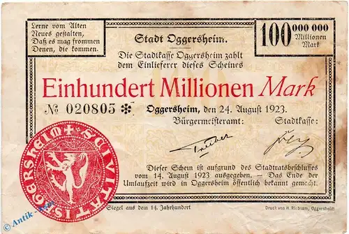 Banknote Oggersheim , 100 Millionen Mark Schein in gbr. Keller 4142.c , 24.08.1923 , Pfalz Großnotgeld Inflation