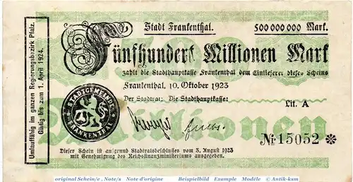 Banknote Frankenthal , 500 Millionen Mark Schein in gbr. Keller 1520.i , 10.10.1923 , Pfalz Großnotgeld Inflation