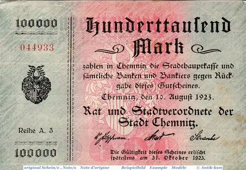 Banknote Chemnitz , 100.000 Mark Schein in gbr. Keller 740.d , 10.08.1923 , Sachsen Großnotgeld Inflation