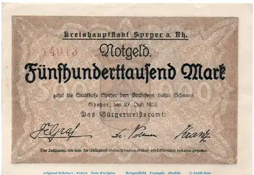 Banknote Stadt Speyer , 500.000 Mark Schein in gbr. Keller 4834.c , von 1923 , Pfalz Inflation