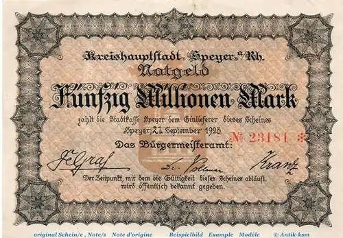 Banknote Stadt Speyer , 50 Millionen Mark Schein in gbr. Keller 4834.o , von 1923 , Pfalz Inflation