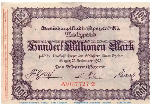 Banknote Stadt Speyer , 100 Millionen Mark Schein in gbr. Keller 4834.p , von 1923 , Pfalz Inflation