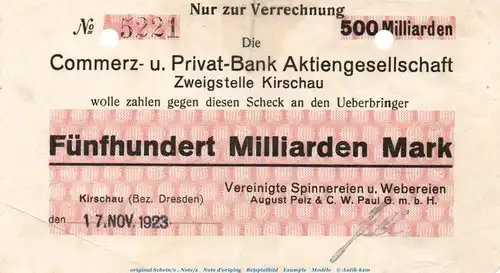 Banknote A. Pelz Kirschau , 500 Milliarden Mark Schein in gbr.E , Keller 2663.pp , von 1923 , Sachsen Inflation