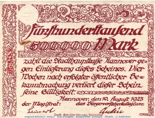 Banknote Stadt Hannover , 500.000 Mark Schein in gbr. Keller 2148.b.1 , von 1923 , Niedersachsen Inflation
