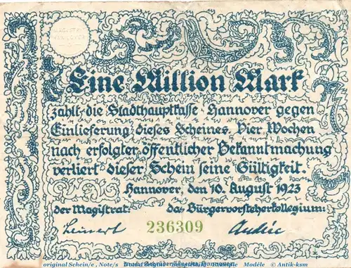 Banknote Stadt Hannover , 1 Million Mark Schein in gbr. Keller 2148.b.2 , von 1923 , Niedersachsen Inflation