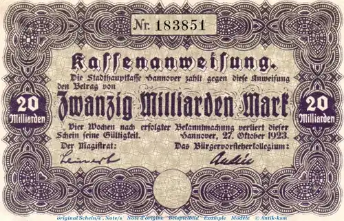 Banknote Stadt Hannover , 20 Milliarden Mark Schein in f-kfr. Keller 2148.e von 1923 , Niedersachsen Inflation