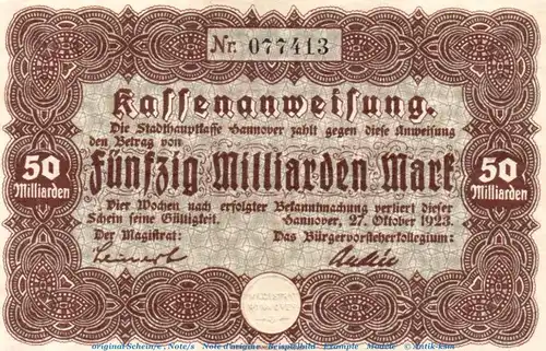 Banknote Stadt Hannover , 50 Milliarden Mark Schein in gbr. Keller 2148.e von 1923 , Niedersachsen Inflation