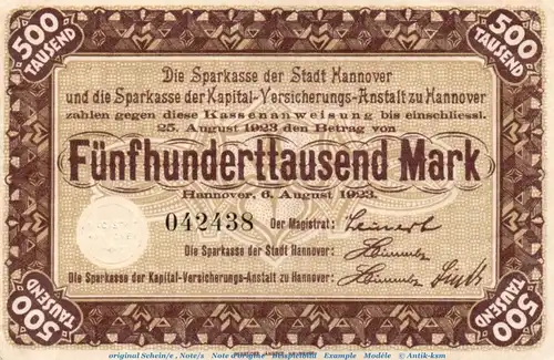 Banknote Sparkasse Hannover , 500.000 Mark Schein in gbr. Keller 2149.a von 1923 , Niedersachsen Inflation