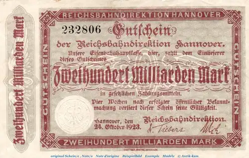Banknote Reichsbahn Hannover , 200 Milliarden Mark Schein in gbr. Keller 2165.h von 1923 , Niedersachsen Inflation